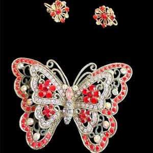 Vintage Red Crystal Butterfly Brooch Set with Matching earrings